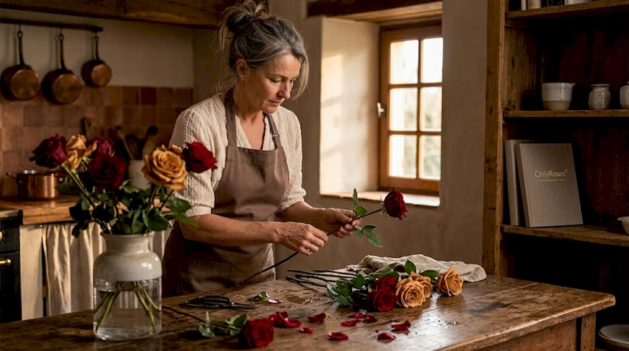 Woman preparing roses in home kitchen