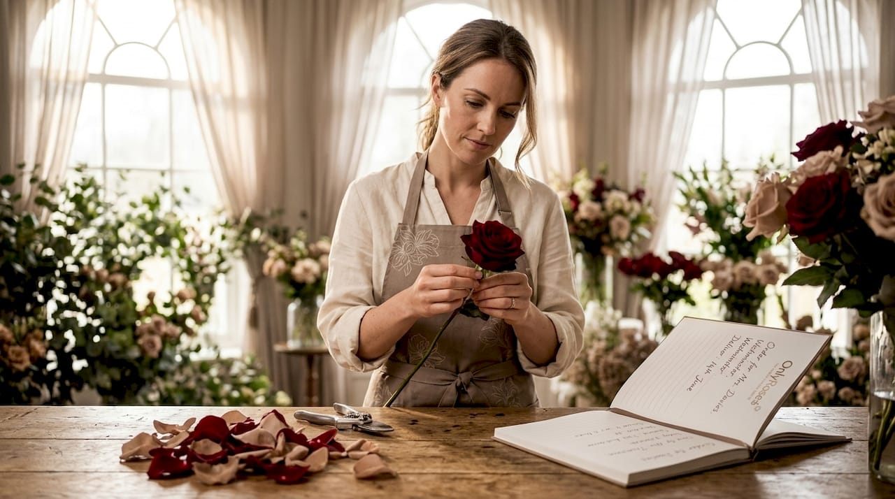 Florist inspecting luxury rose in boutique workspace