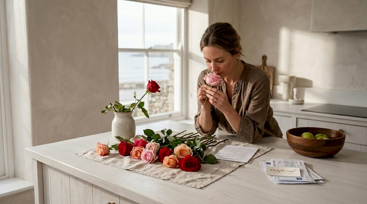 Woman sorting roses at kitchen island
