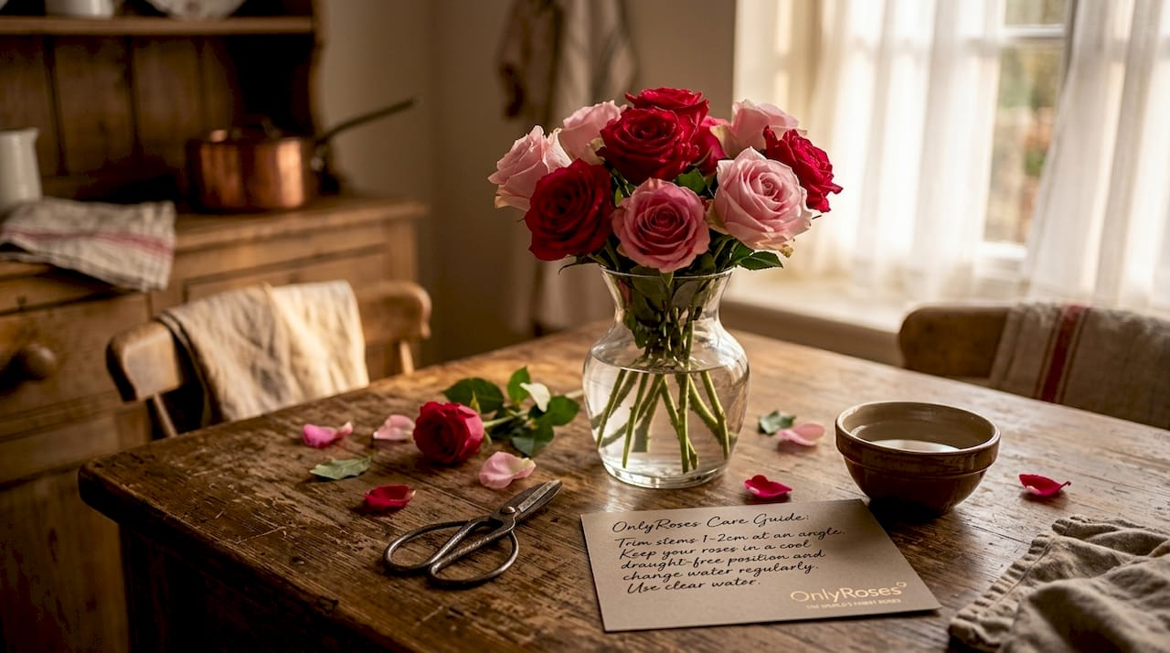 Fresh red and pink roses in kitchen vase