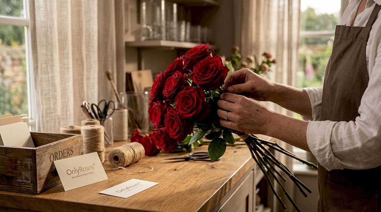 Deep red roses in florist's hands