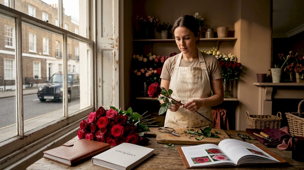 Florist arranging premium rose bouquet
