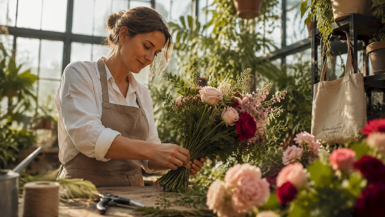 Florist arranging fresh flower bouquet