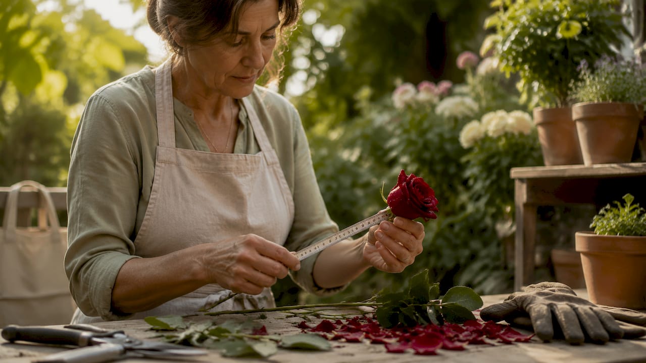 Florist measuring rose stem in greenhouse