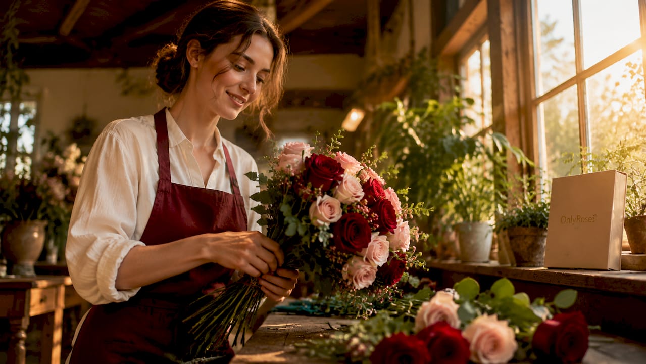 Florist arranging elegant rose bouquet indoors