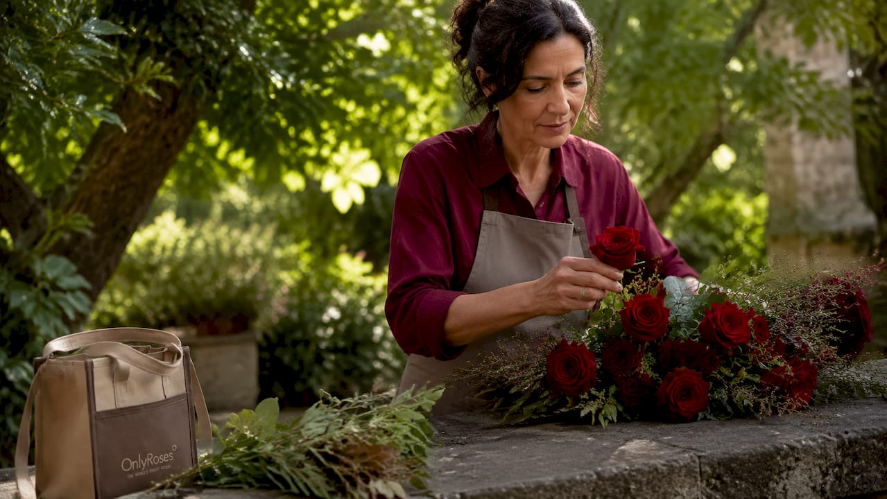 Florist arranging fresh red roses bouquet