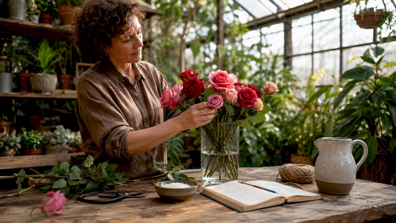 Woman arranging roses on wooden table