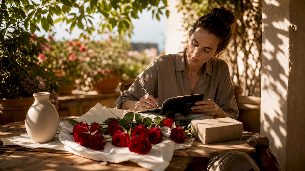 Scientist analyzing environmental impact of rose bouquet