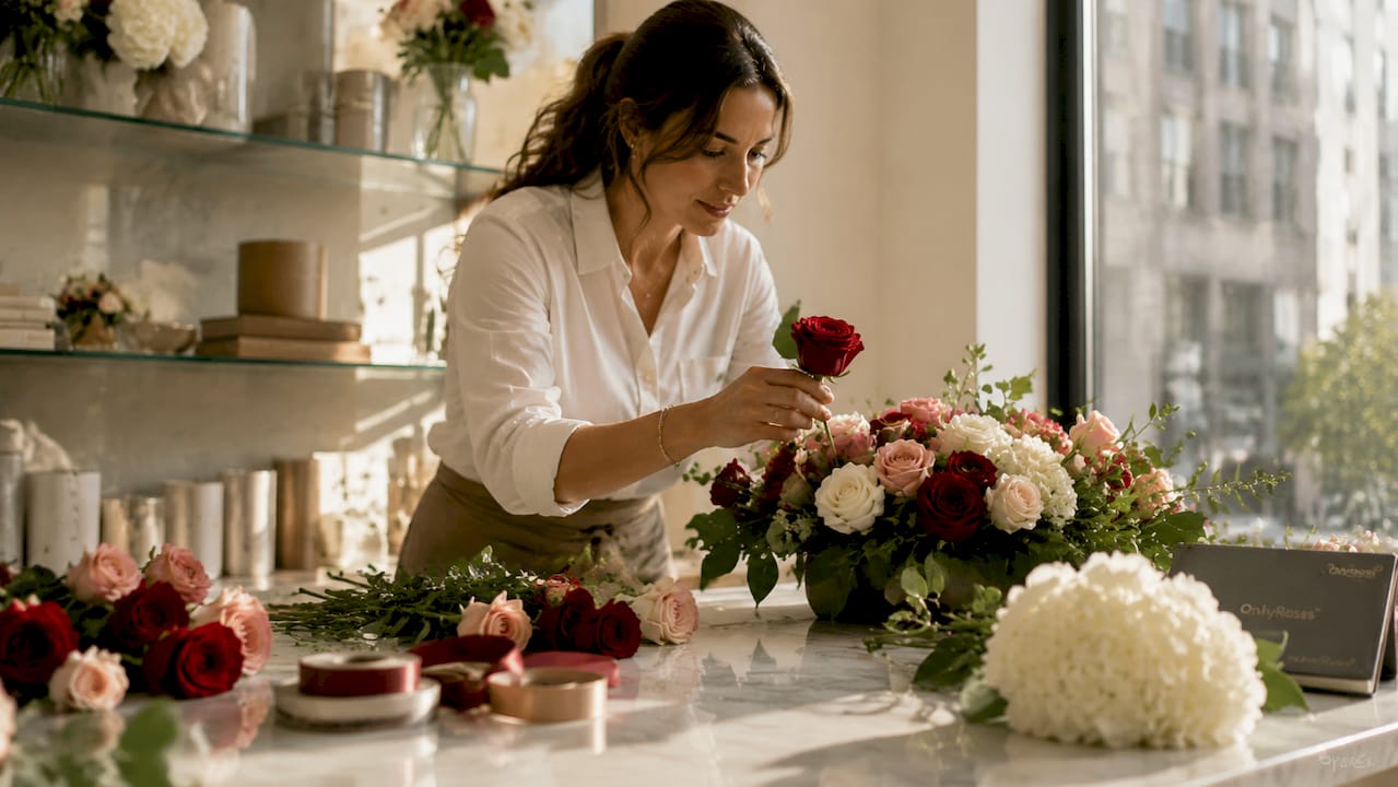 Florist arranging roses on wooden workbench