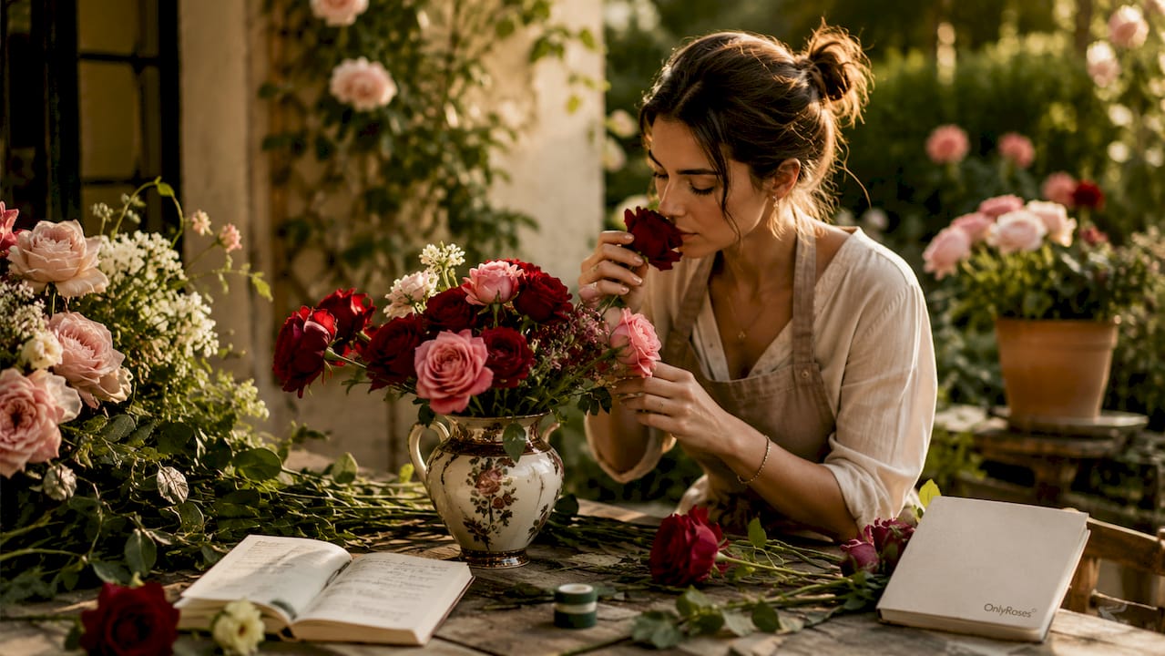 Florist arranging roses and smelling blooms