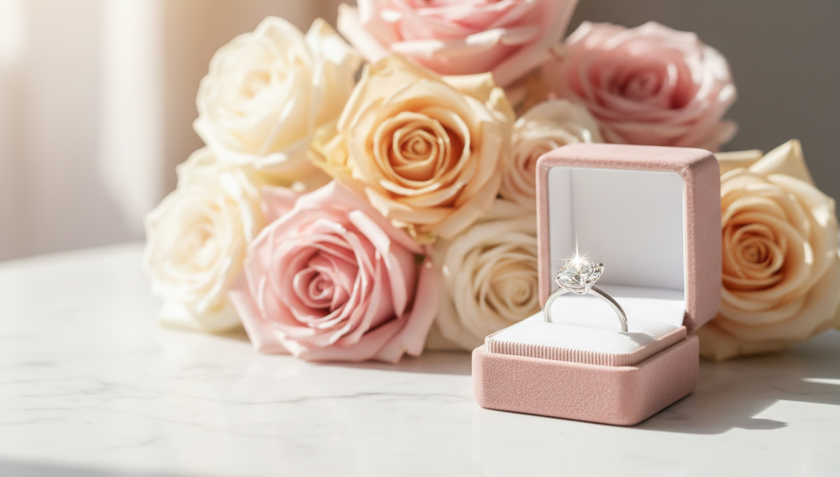 Engagement RIng in Box and Roses for a proposal