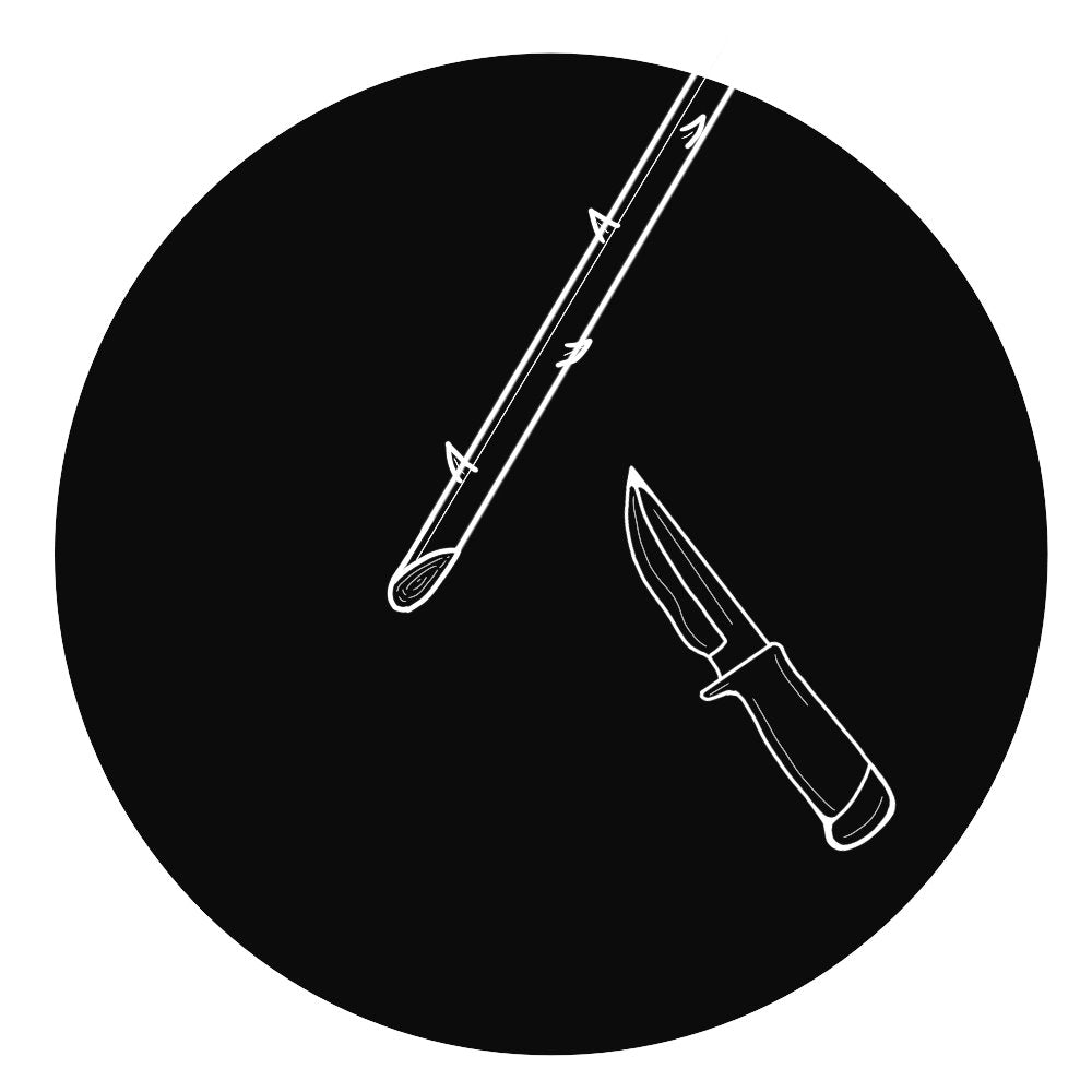 Outline of a fishing rod and knife on a black circle
