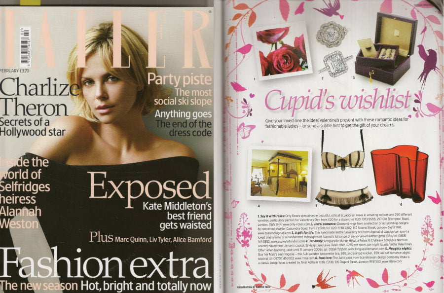 A magazine spread featuring a cover on the left with a blonde woman and large headlines, and an interior page on the right with pink floral accents, jewelry, lingerie, and the heading 'Cupid's wishlist'.