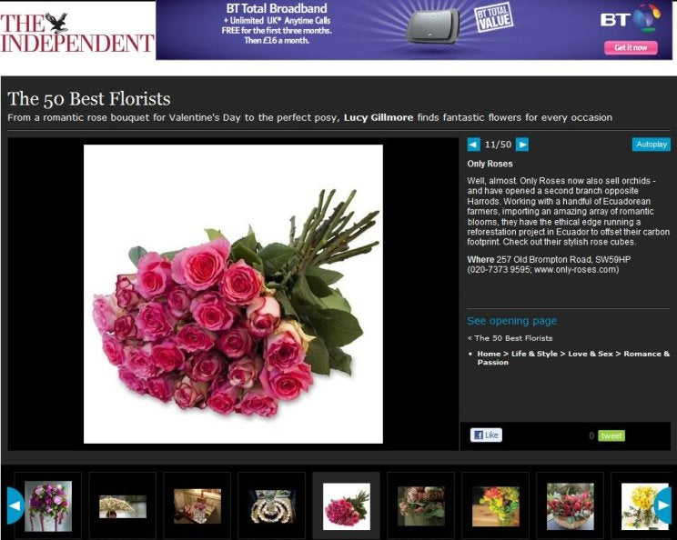 A website screenshot featuring a bouquet of pink roses in the center, with a large text header reading 'The 50 Best Florists' and website navigation elements around it.