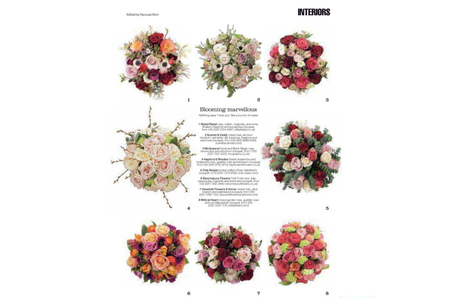 A catalog page titled 'INTERIORS' showing a 'Bloomer's marigold' bouquet arrangement with eight different floral bouquets arranged in a grid around descriptive text on a white background.