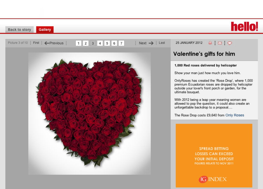 A screenshot of a webpage featuring a large heart-shaped arrangement of red roses in the center, with article text on the right and a red 'hello!' logo at the top right.