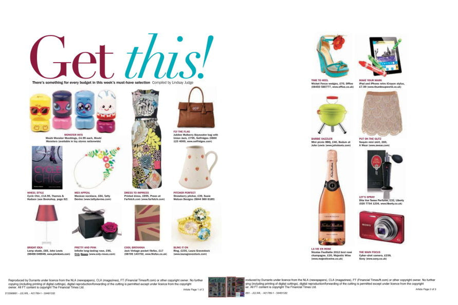 A printed magazine-style promotional page with the headline 'Get this!' and multiple small product photos arranged in two columns on a white page. Visible items include colorful cups, a dress, a handbag, sunglasses, a hat, a mug, a lamp, a camera, and other assorted products, each with small text labels.