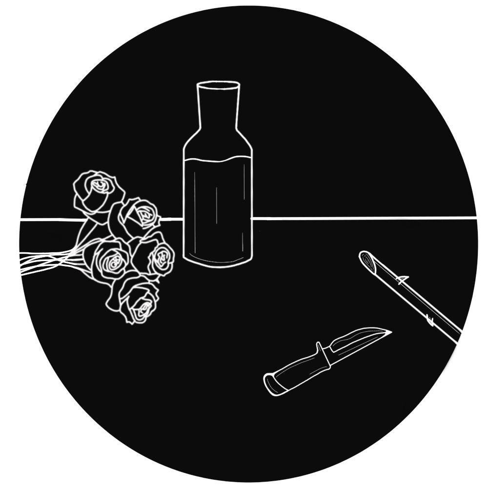 Black and white illustration of a bottle, roses, and a knife on a black circle background