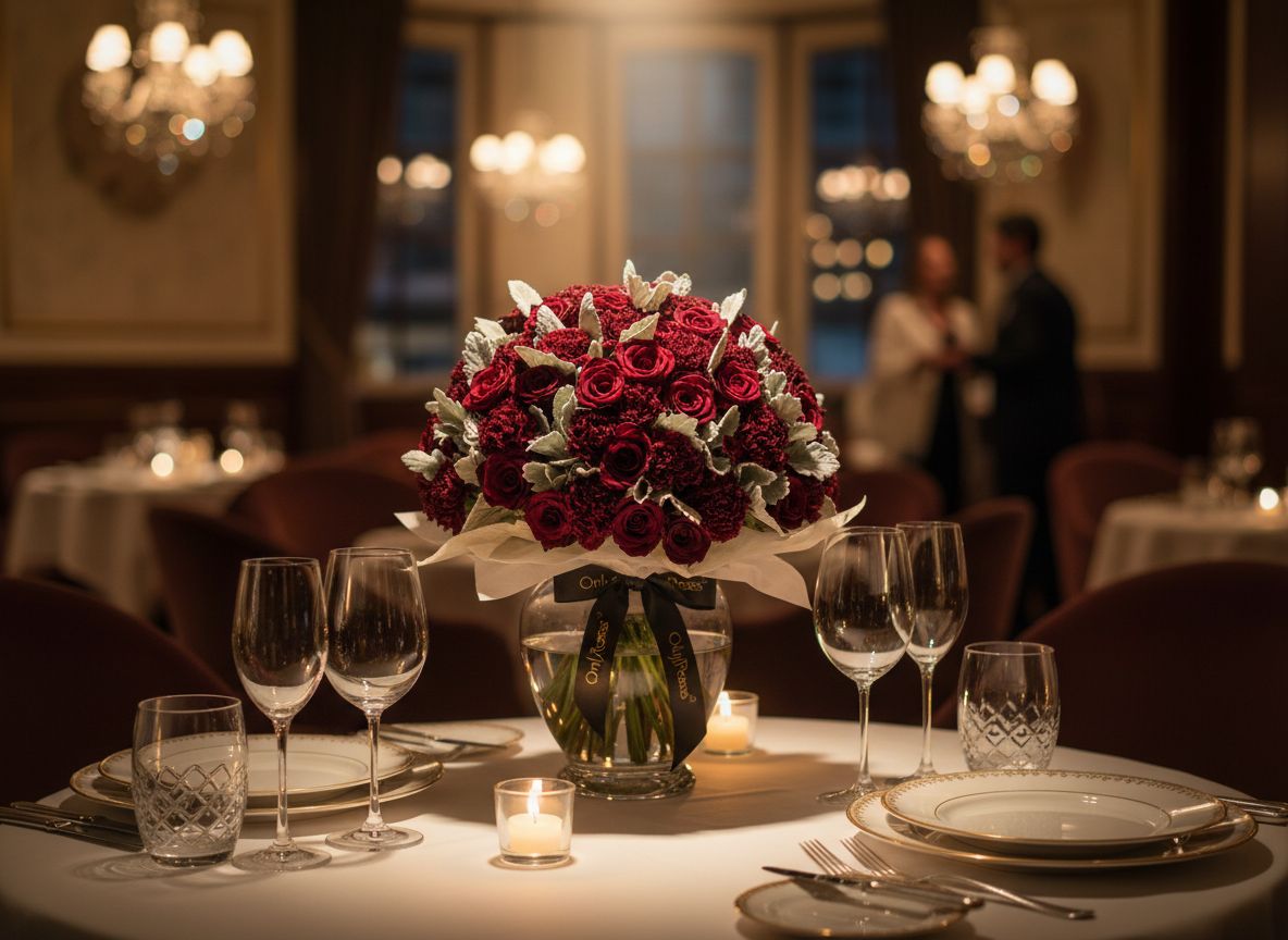 Decorative table setting with a bouquet of red roses in a restaurant.