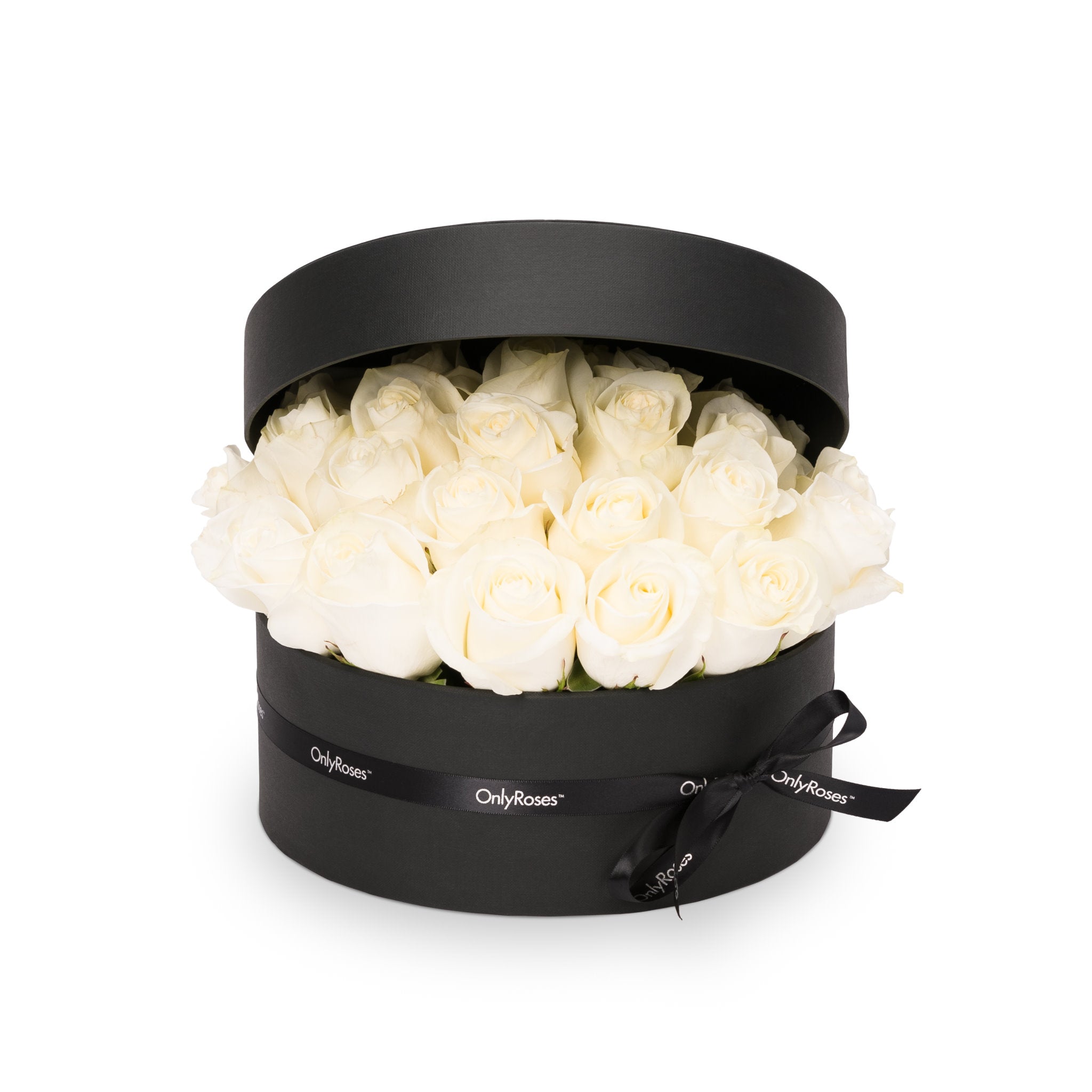 Black round box with white roses and 'OnlyRoses' branding on a white background