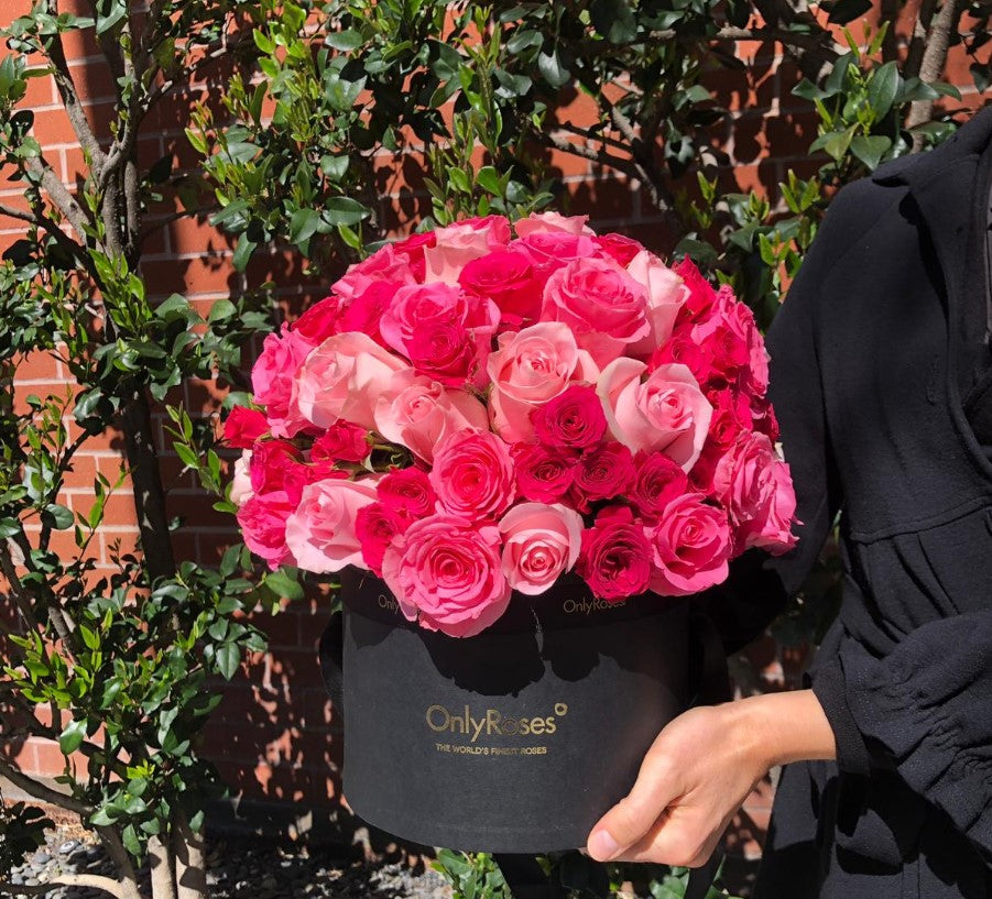 Person holding a bouquet of pink roses in a black box with 'Only Roses' branding.