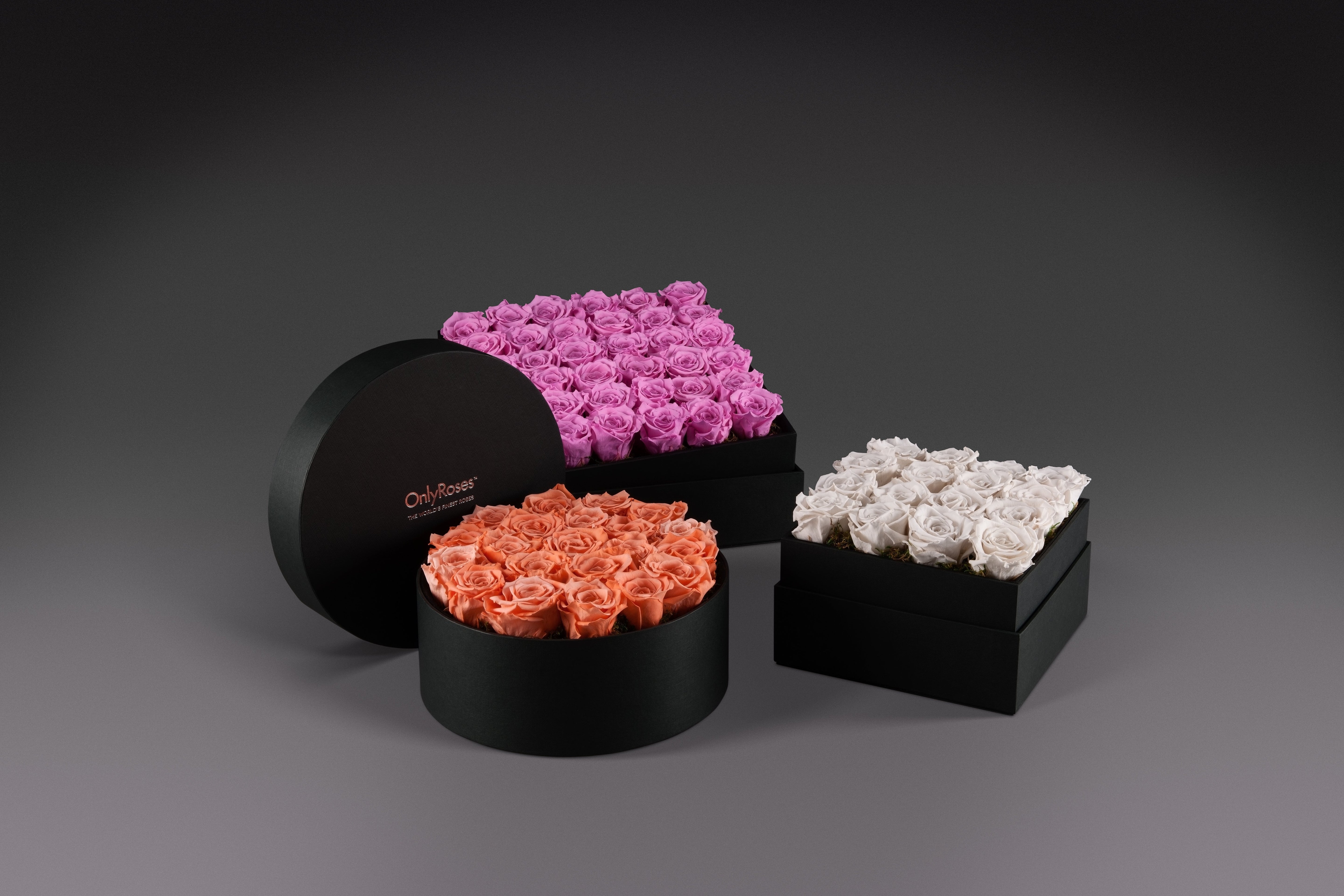 Four black boxes with pink, orange, and white rose arrangements on a gray background