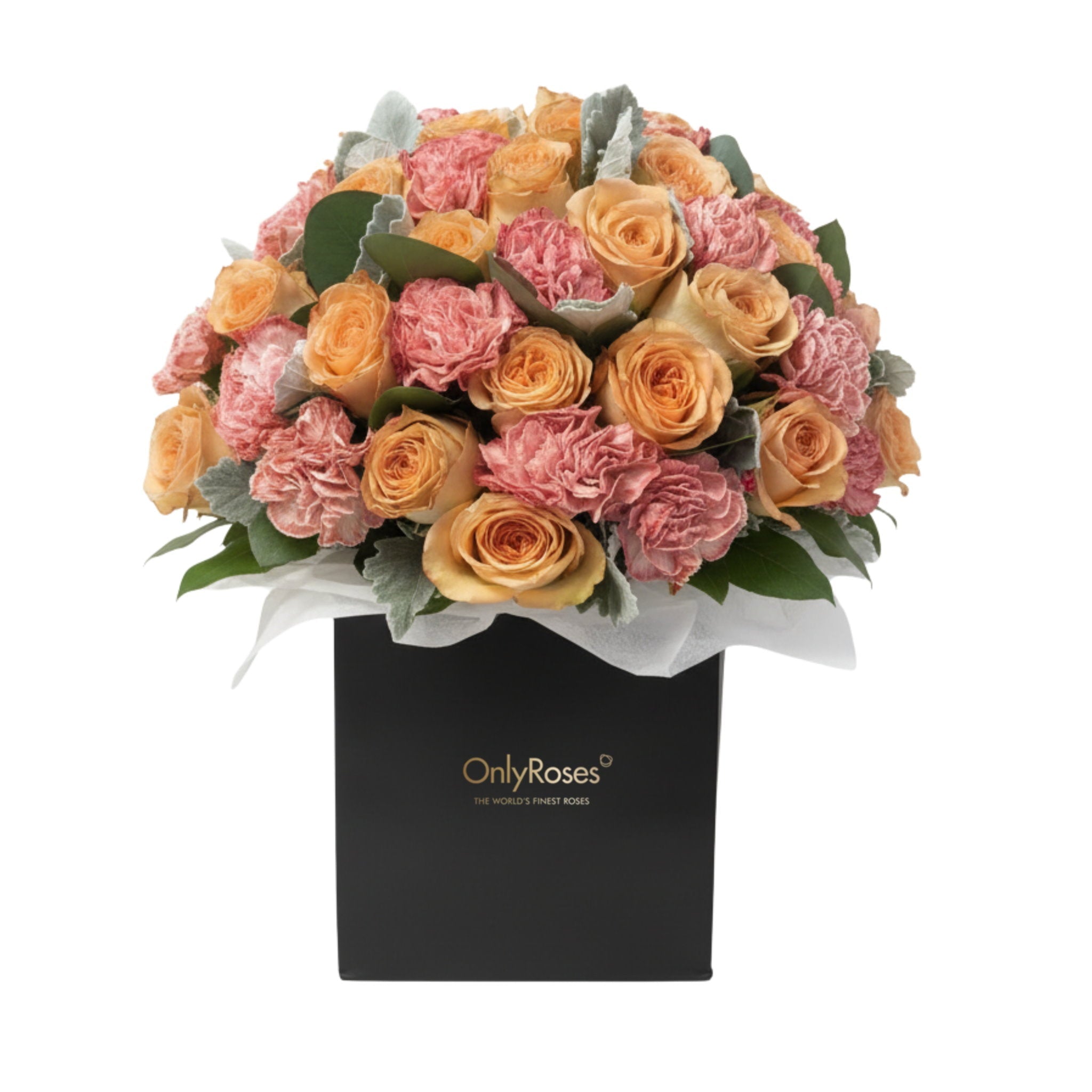 Bouquet of pink and orange roses in a black box with 'OnlyRoses' branding on a white background.