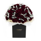 Bouquet of red roses and white flowers in a black box with 'Only Roses' branding on a white background.
