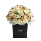 Bouquet of flowers in a black box with 'OnlyRoses' branding on a white background