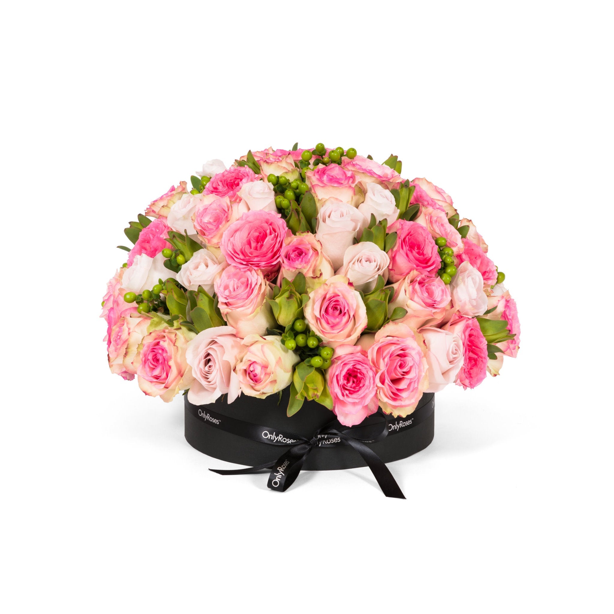 Bouquet of pink and white roses in a black box on a white background