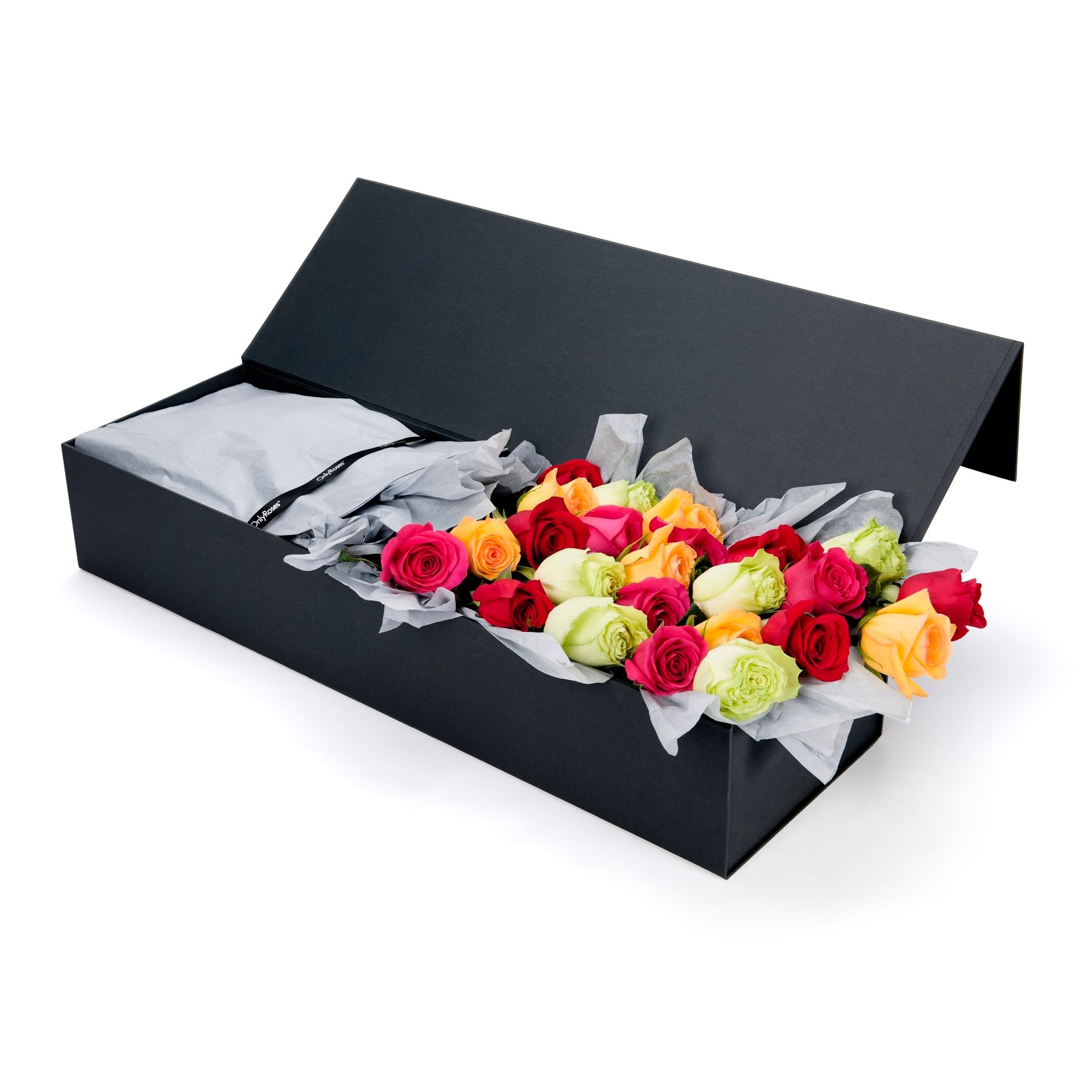 Colorful bouquet of roses in a black box on a white background
