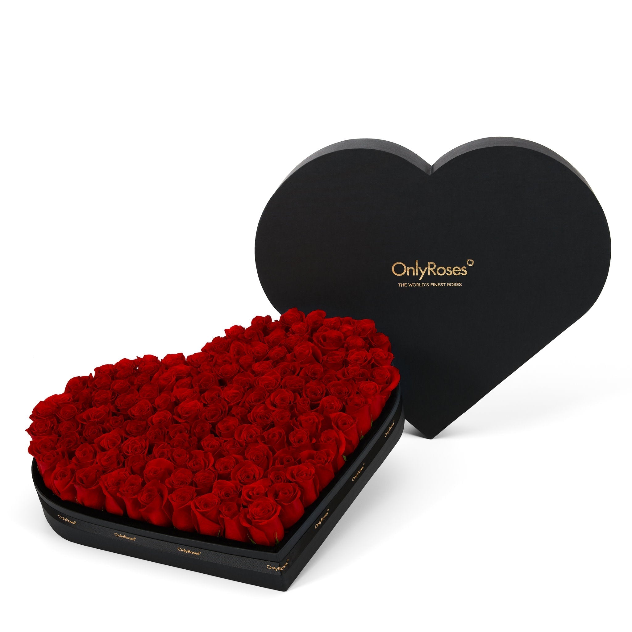Heart-shaped box of red roses with 'OnlyRoses' branding on a white background L Size