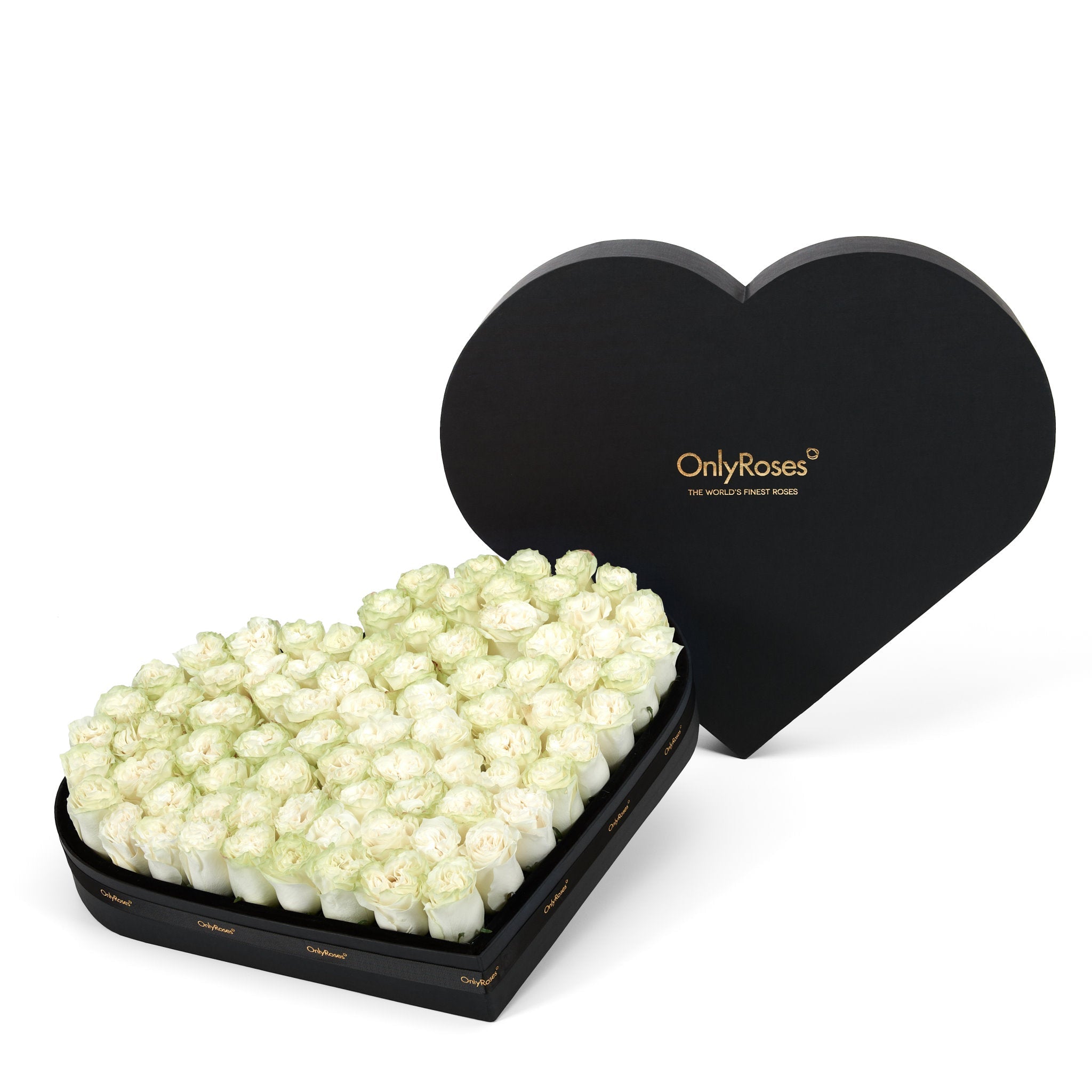 Heart-shaped box of white roses with 'OnlyRoses' branding on a white background - L-Size