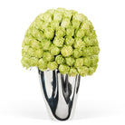 Silver vase with green flowers on a white background