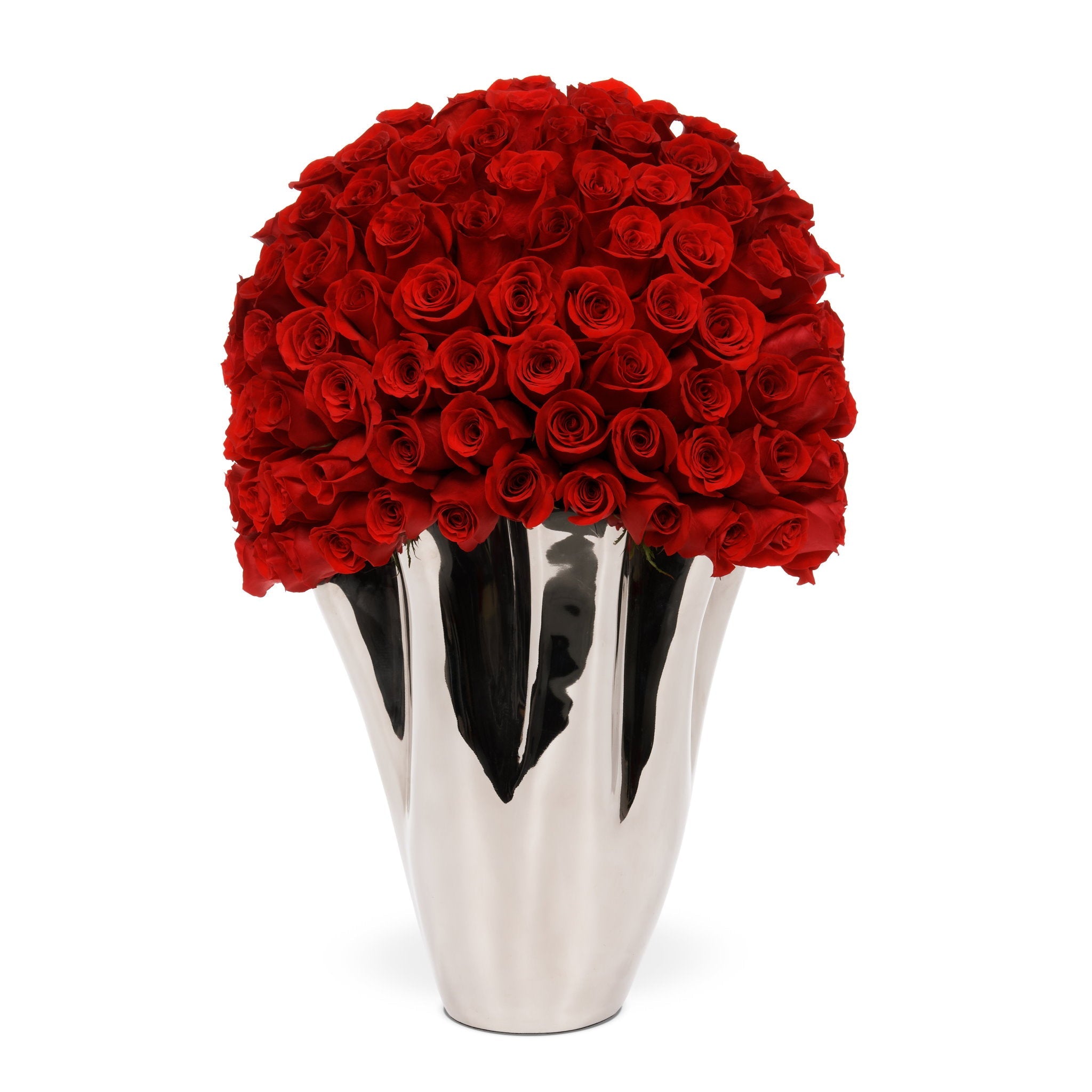 Silver vase filled with red roses on a white background