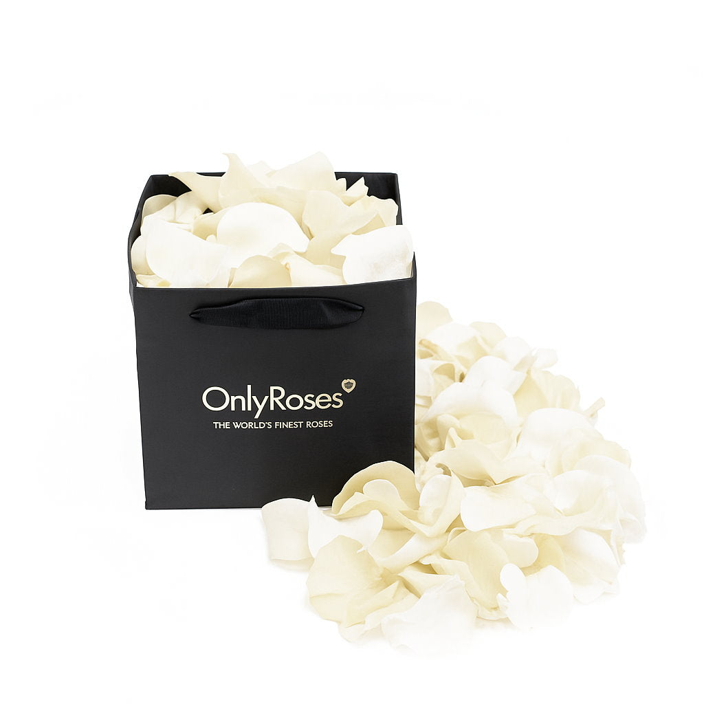 Black 'Only Roses' gift bag filled with white roses on a white background