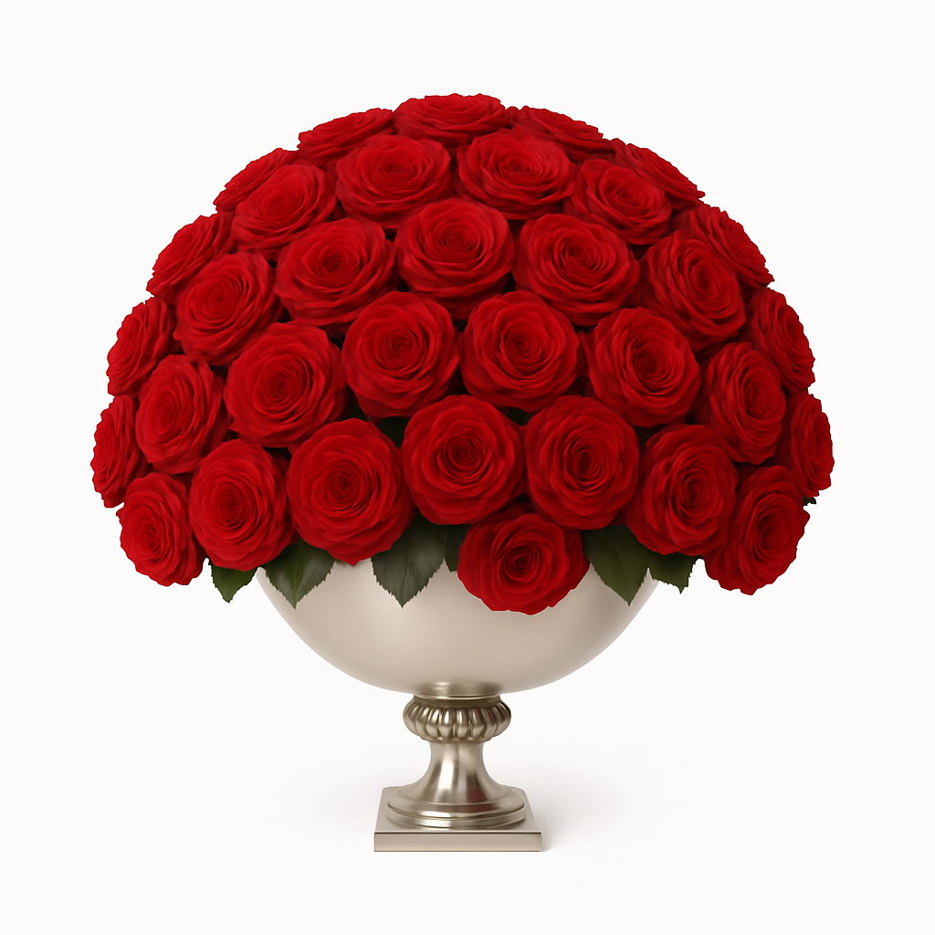 Bouquet of red roses in a silver vase on a white background