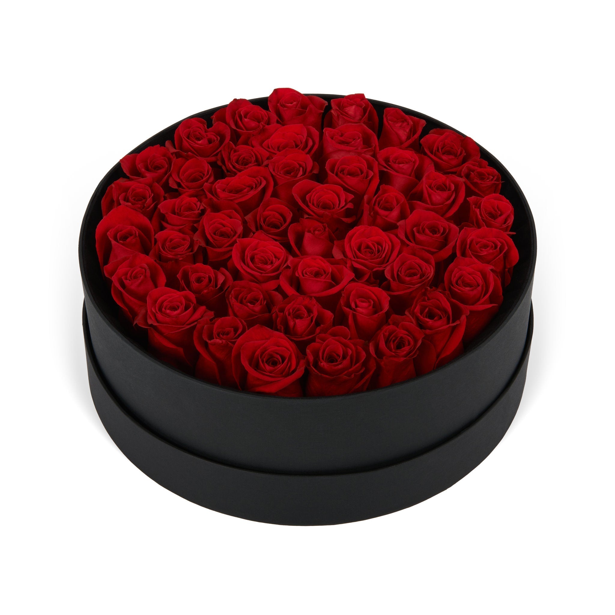 Black round box filled with red roses on a white background