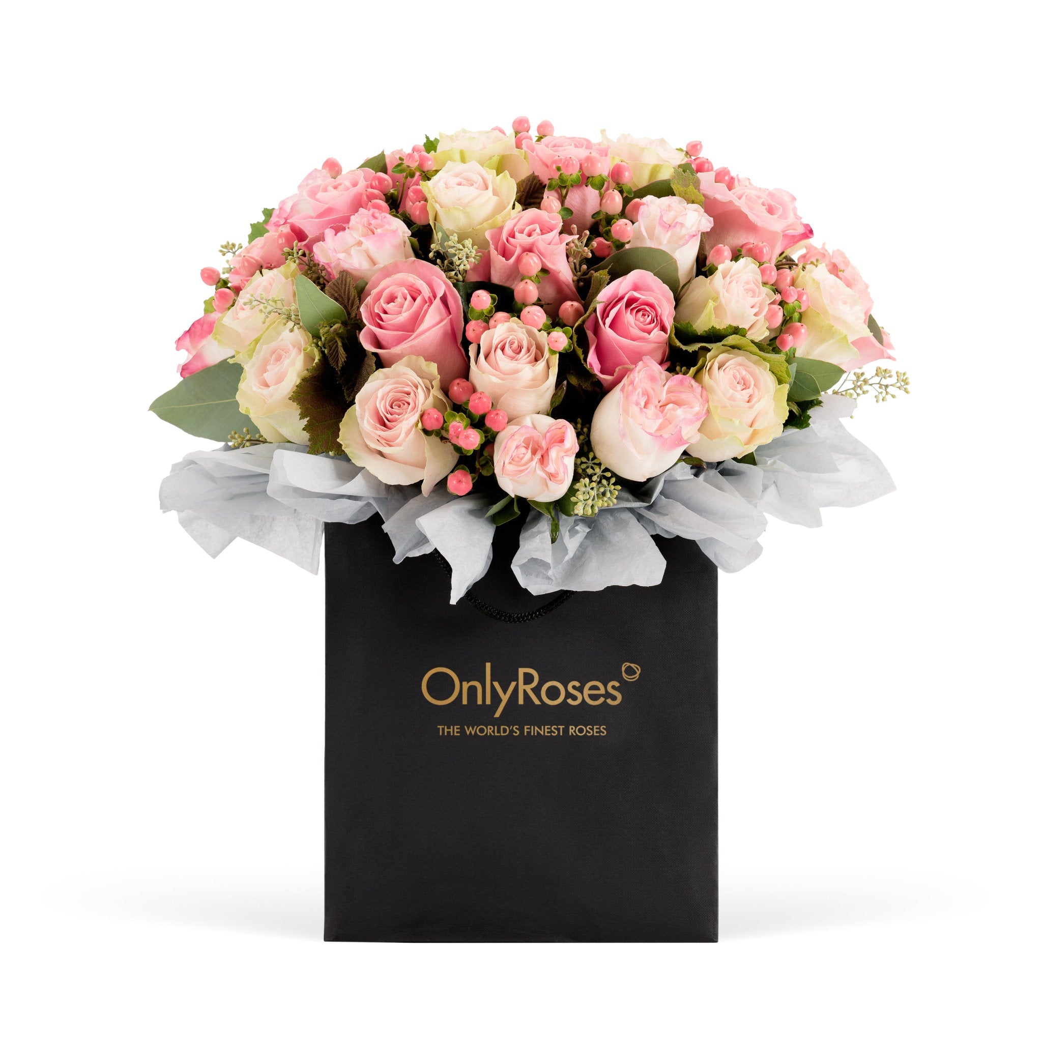 Bouquet of pink and white roses in a black 'Only Roses' box on a white background