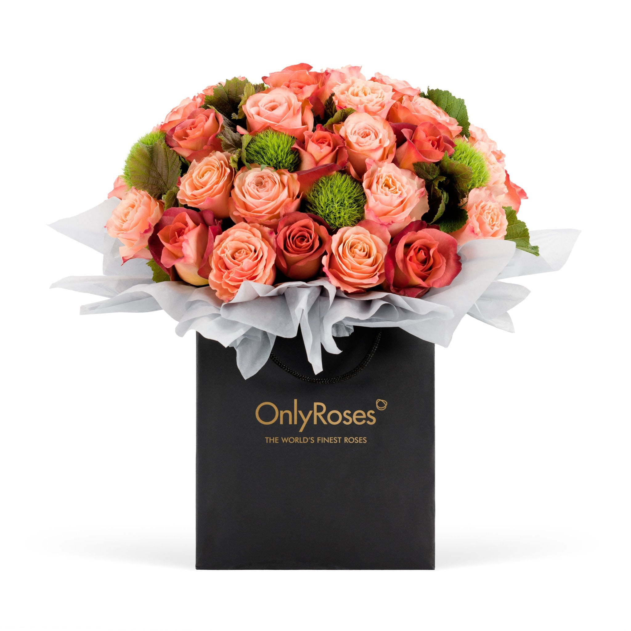 Bouquet of pink and green roses in a black 'Only Roses' box on a white background