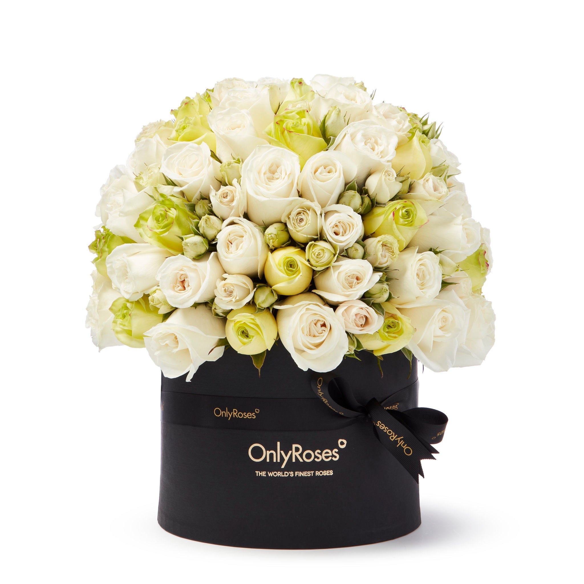 Black box with white and green roses on a white background, featuring 'OnlyRoses' branding.