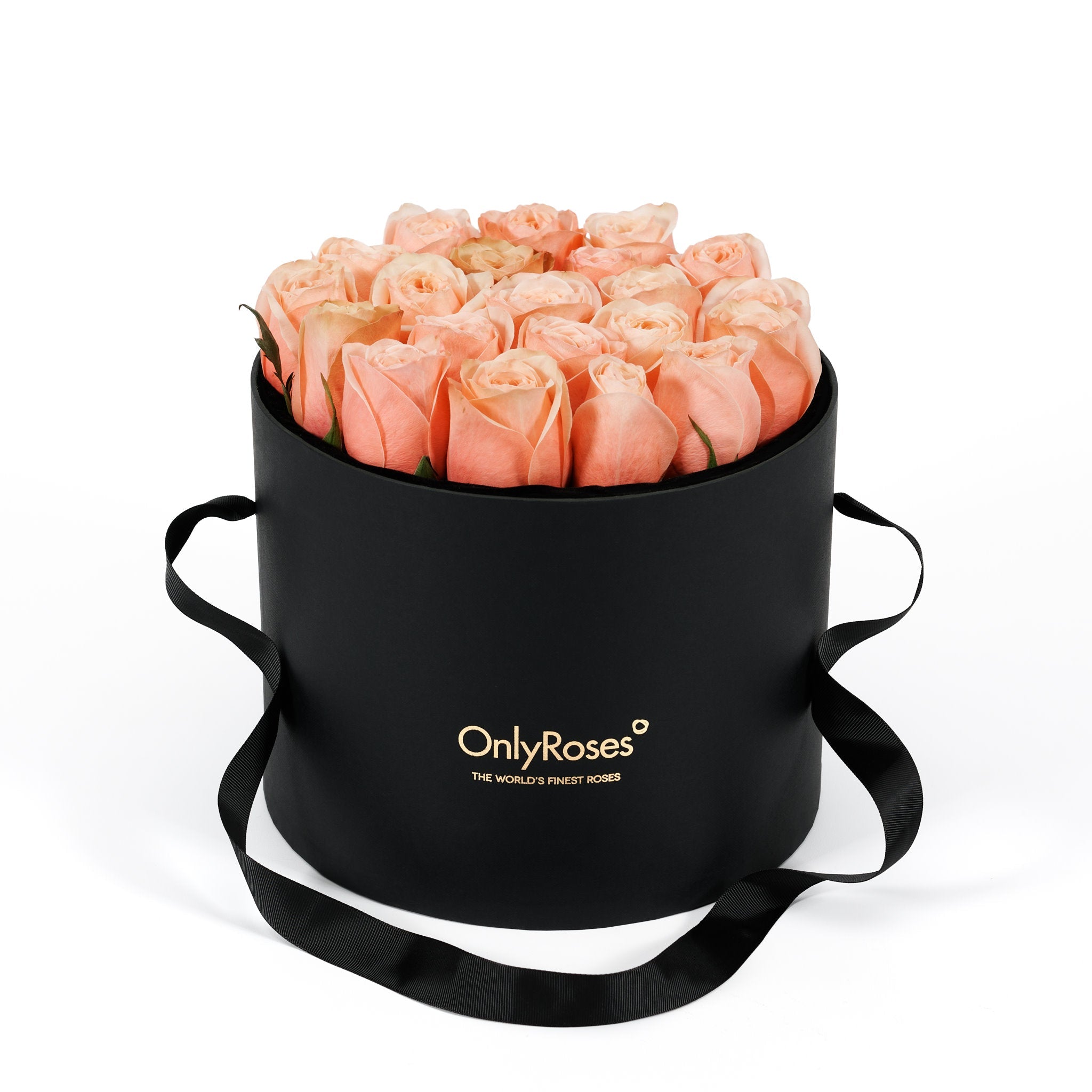 Black round box with peach roses and 'Only Roses' branding on a white background
