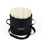 Black round box with white roses and 'Only Roses' branding on a white background