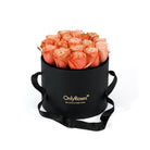 Black round box with coral roses and 'OnlyRoses' branding on a white background