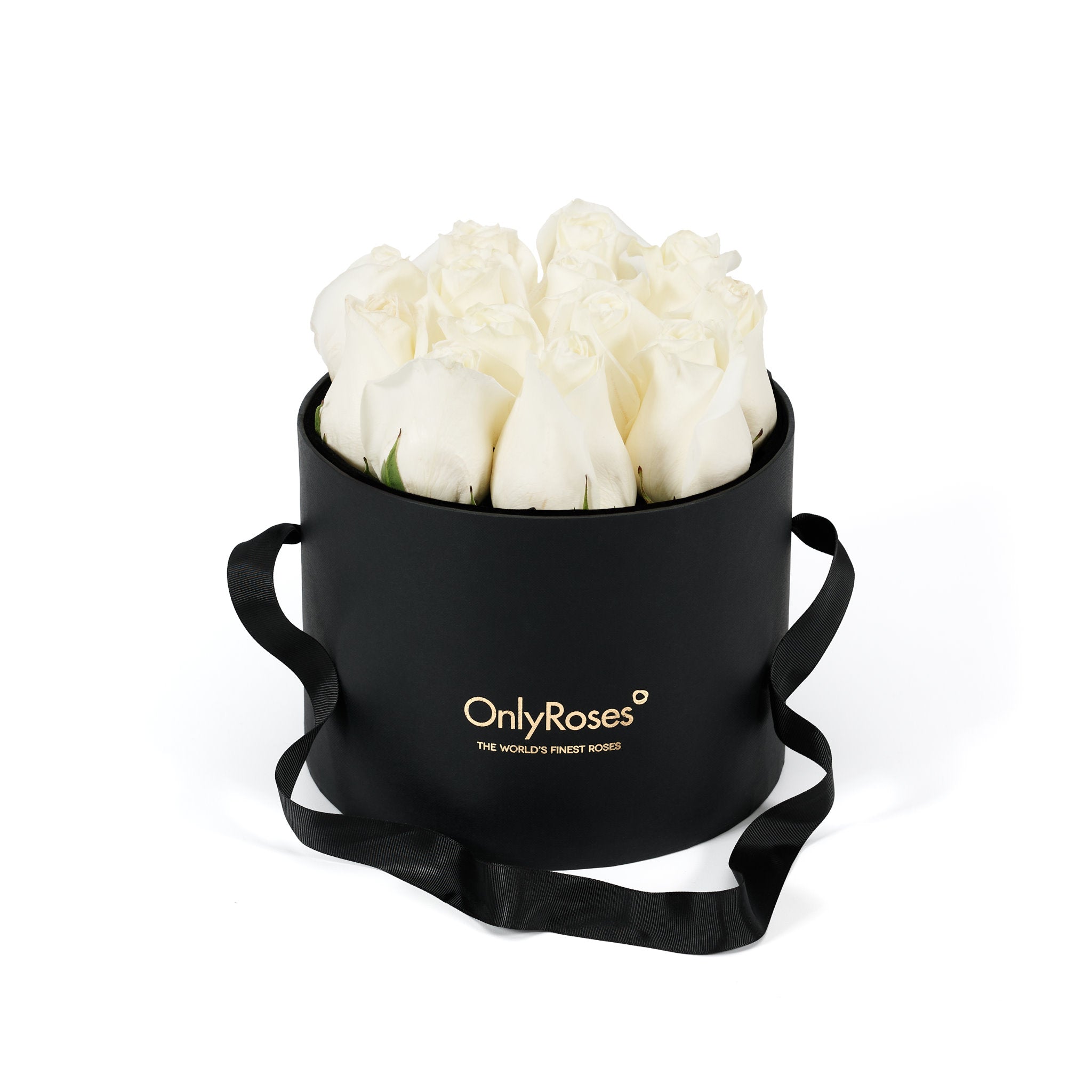 Black round box with white roses and 'Only Roses' branding on a white background