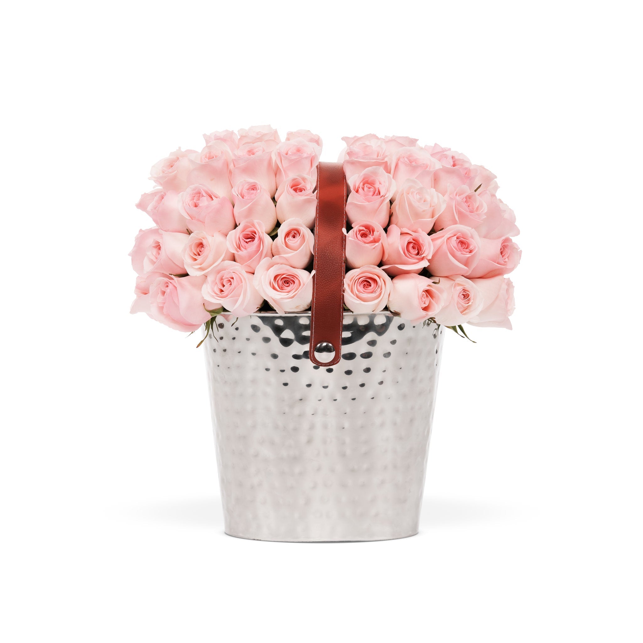 Silver bucket filled with pink roses on a white background