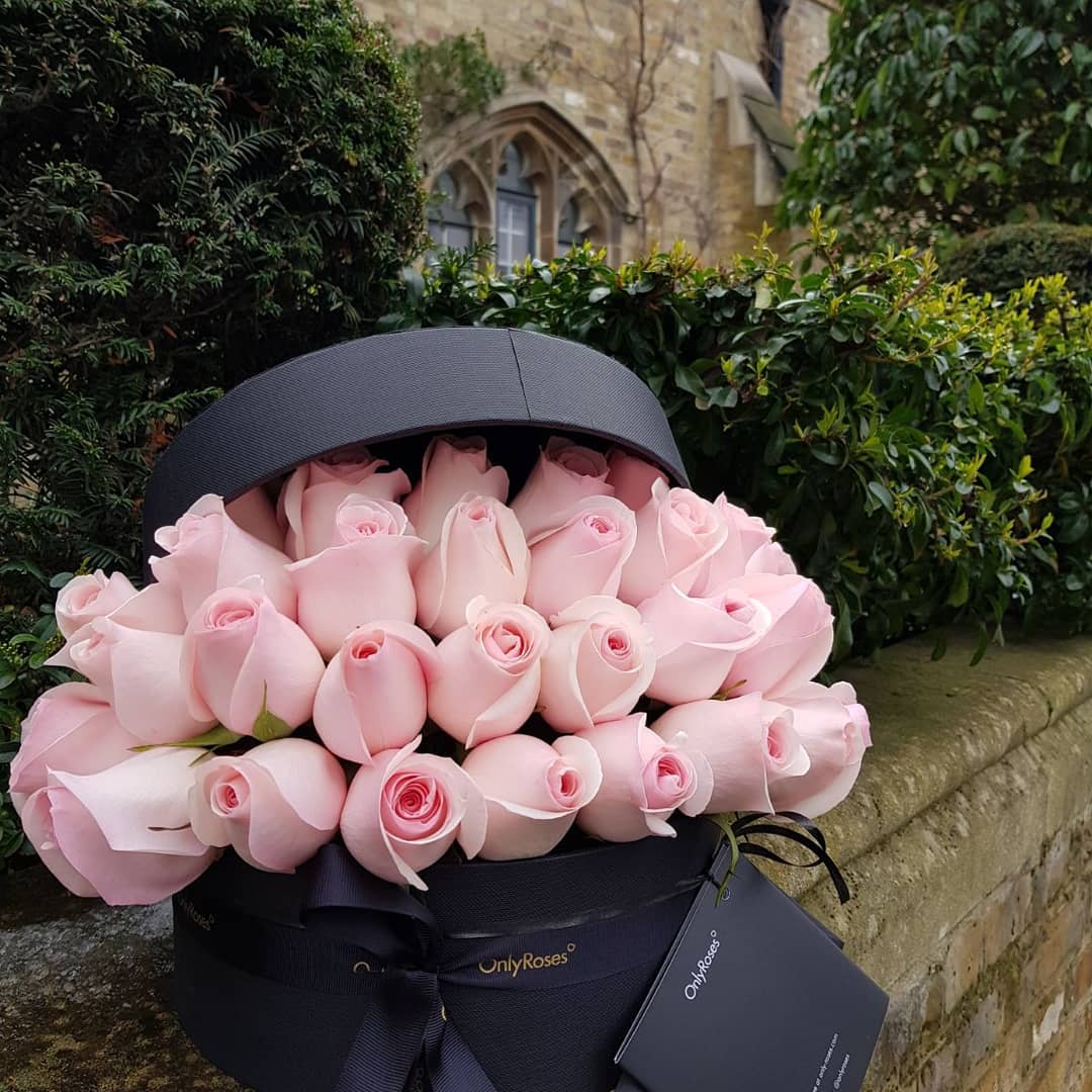 Bouquet of pink roses in a black box with 'OnlyRoses' branding against a stone wall and greenery.
