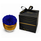 Blue rose in a gold vase with a black box labeled 'OnlyRoses' on a white background