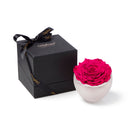 Pink rose in a white vase next to a black gift box with 'Only Roses' branding on a white background