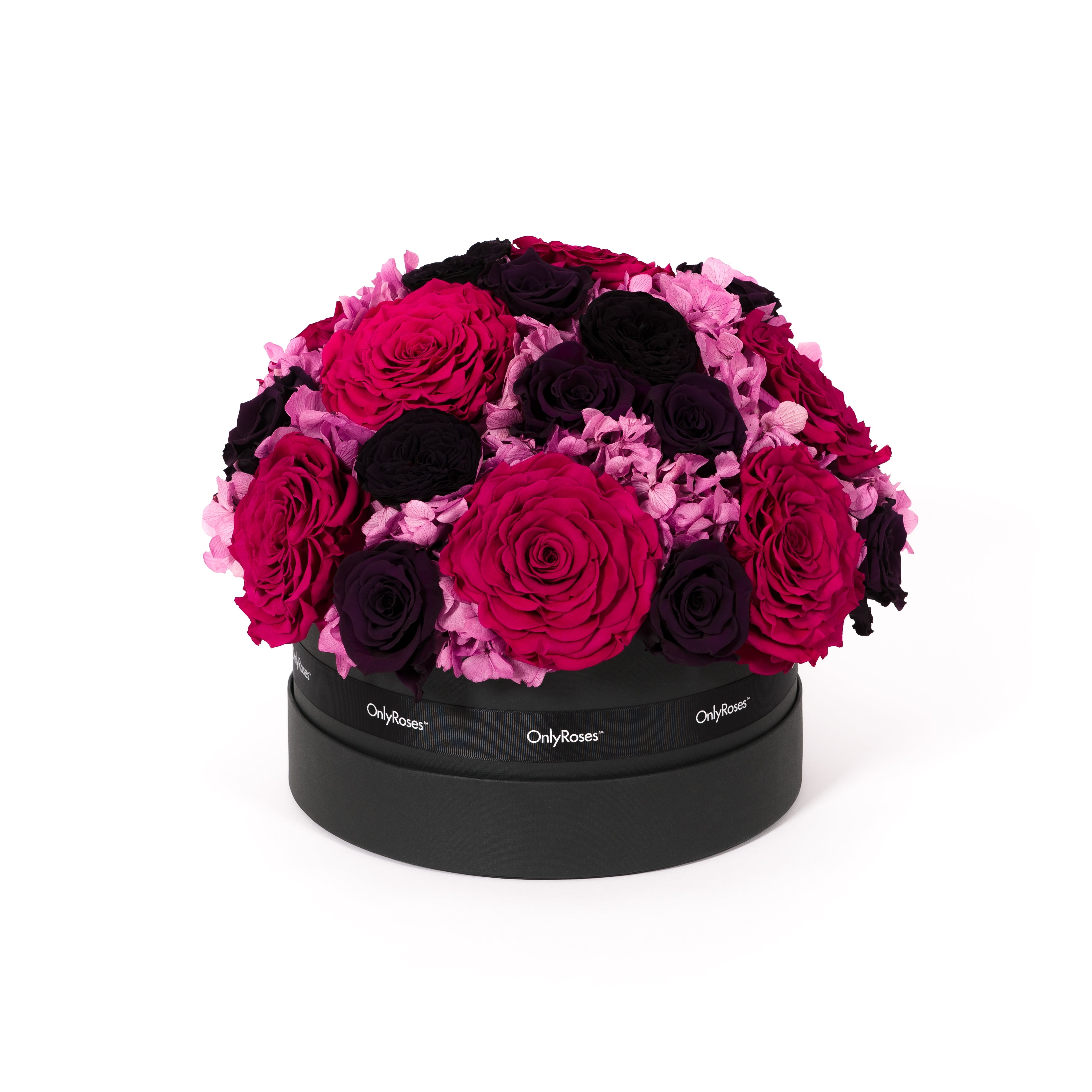 Round black box with pink and purple roses on a white background